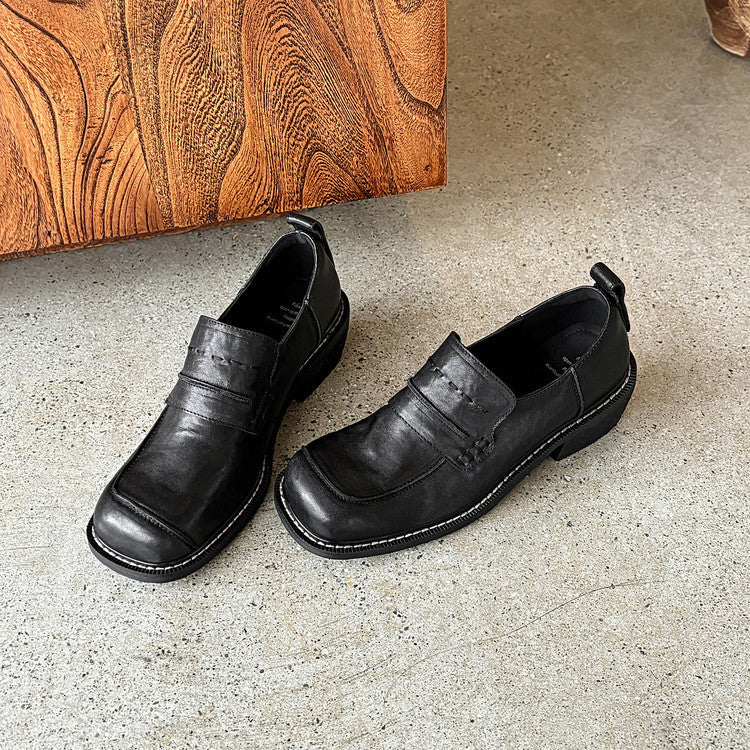 Women's Spring Round Head Chunky Slip-on Cowhide Women's Fashion Shoes