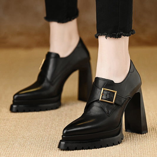 Mouth Pumps Female Autumn Temperament Pointed Thick Leather Shoes