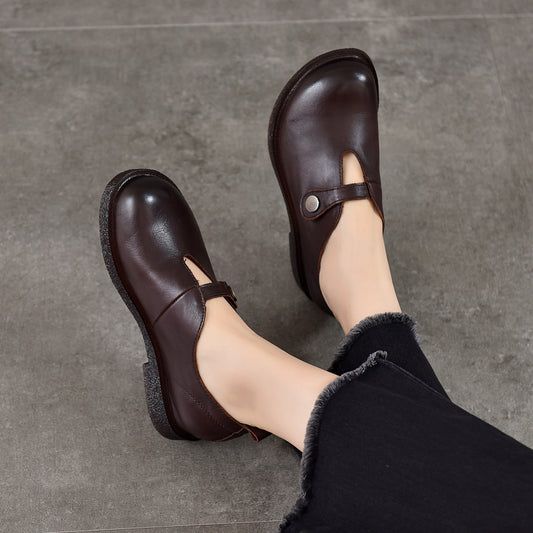 Women's Buckle Retro Round Head Genuine Spring First Layer Cowhide Flat Women's Casual Shoes