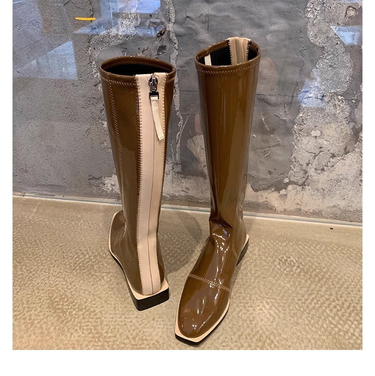 Female Below The Knee Thick Leg Patent Brown Boots