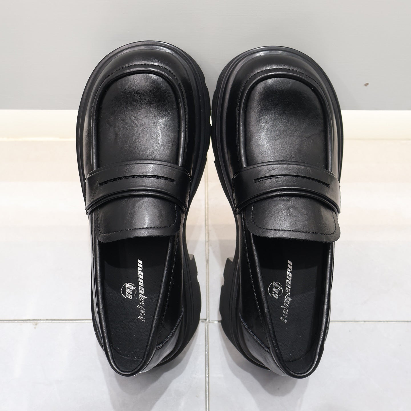 Women's Platform British Style Slip-on Pumps Height Increasing Chunky Small Low Leather Shoes
