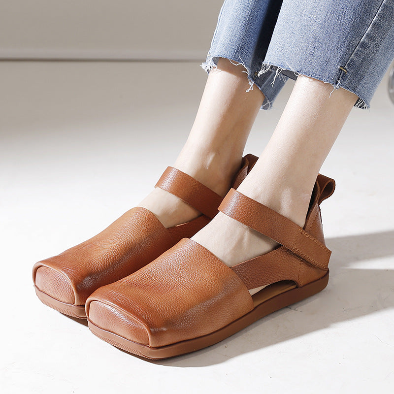 Women's Square Toe Soft Bottom Retro Genuine Flat Sandals