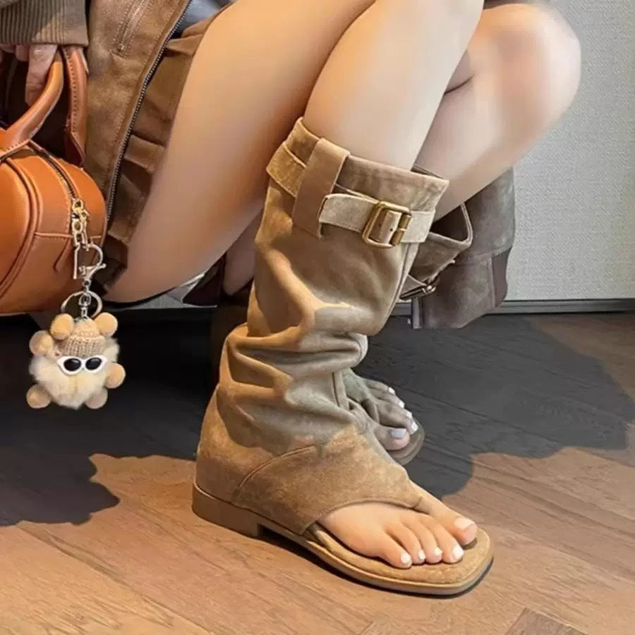 Style Open Toe Herringbone Height Increasing Insole Western Slimming Length Boots