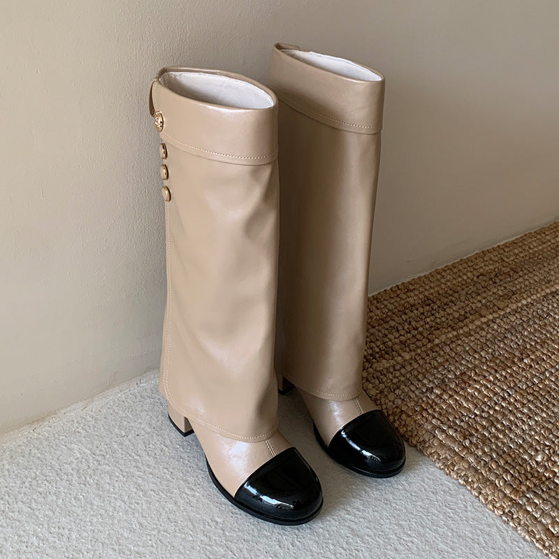 Sheepskin Version Camellia Genuine Chunky Knight Long Female Classic Style Women's Leather Boots