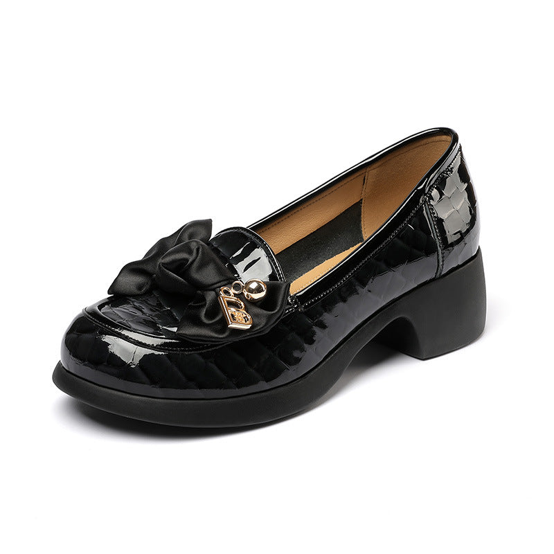 Women's Mid British Bow Green Thin Shiny Women's Fashion Shoes