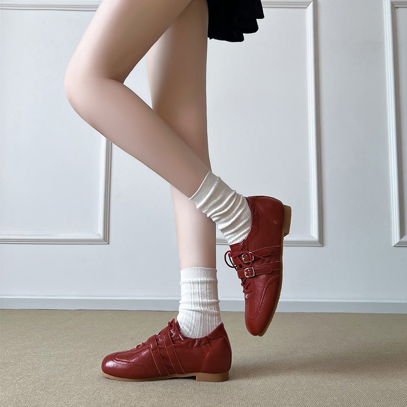 Mom Raised Square Head Double Buckle Lace Up Women's Casual Shoes