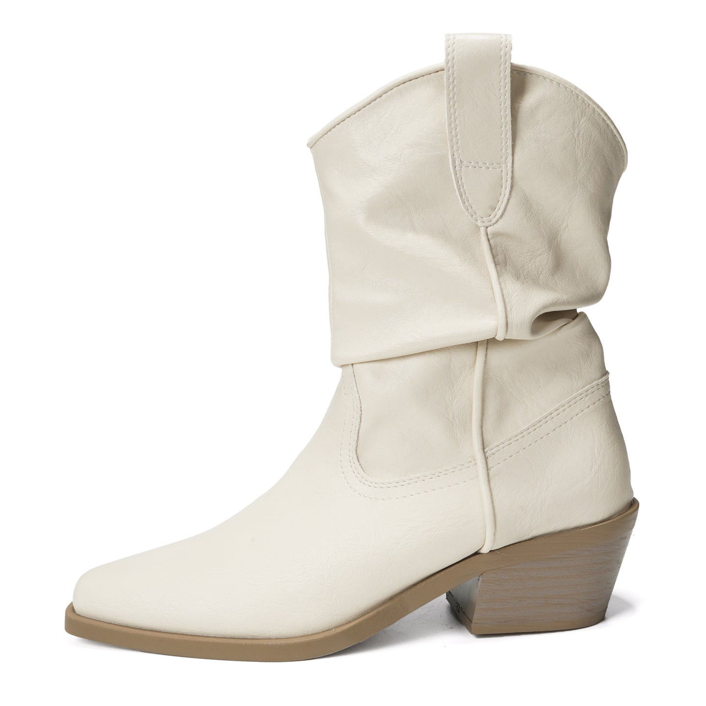 Women's White Chunky Pointed Martin Retro Western Middle Pleated Women's Leather Boots