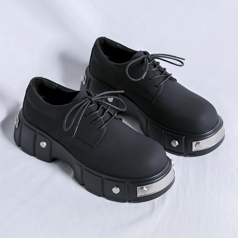 Black Punk Derby Male Advanced Matte Round Leather Shoes