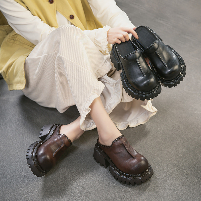 Women's Retro First Layer Cowhide Closed Toe Half Increased Comfortable Slip-on Thick-soles Slippers