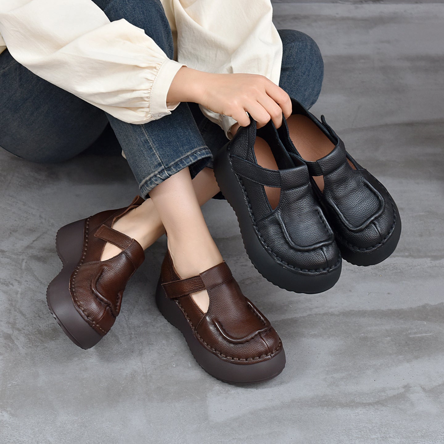 Women's Retro Cowhide Platform Heighten One Pedal Loafers