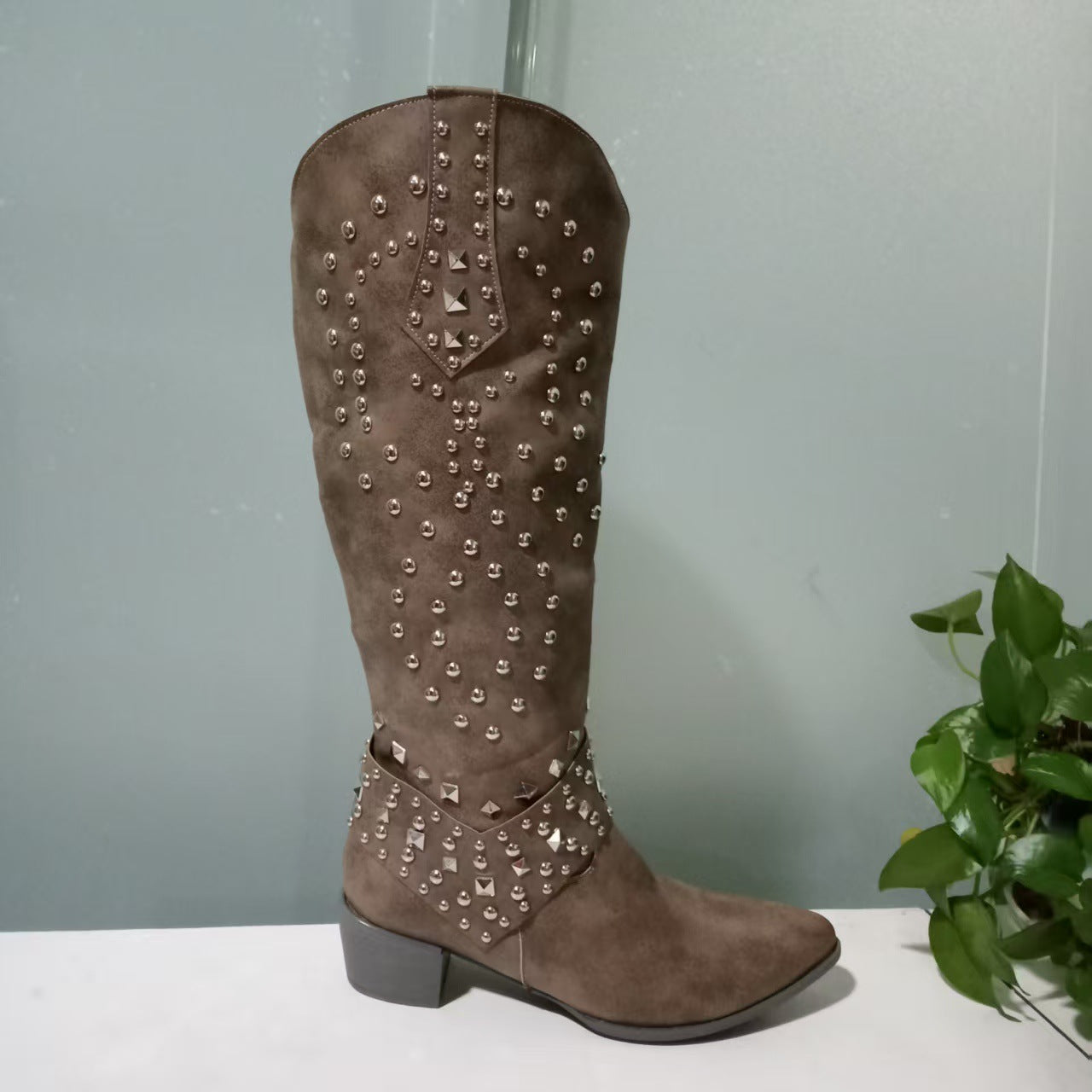Women's Rivet Thick Mid Plus Size High Women's Leather Boots