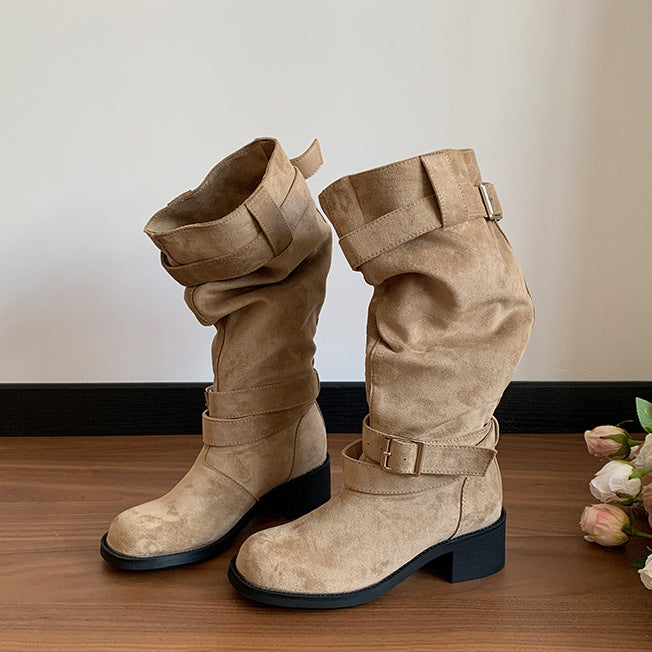 Round Head Chunky Pile Style Khaki Suede Below Boots