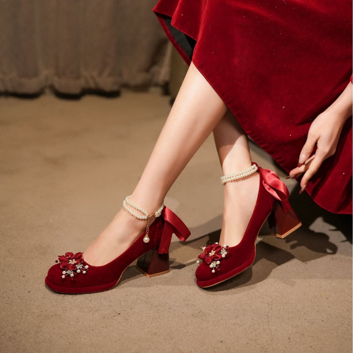 Wine Red Flower Mary Jane Wedding Super High Not Heels