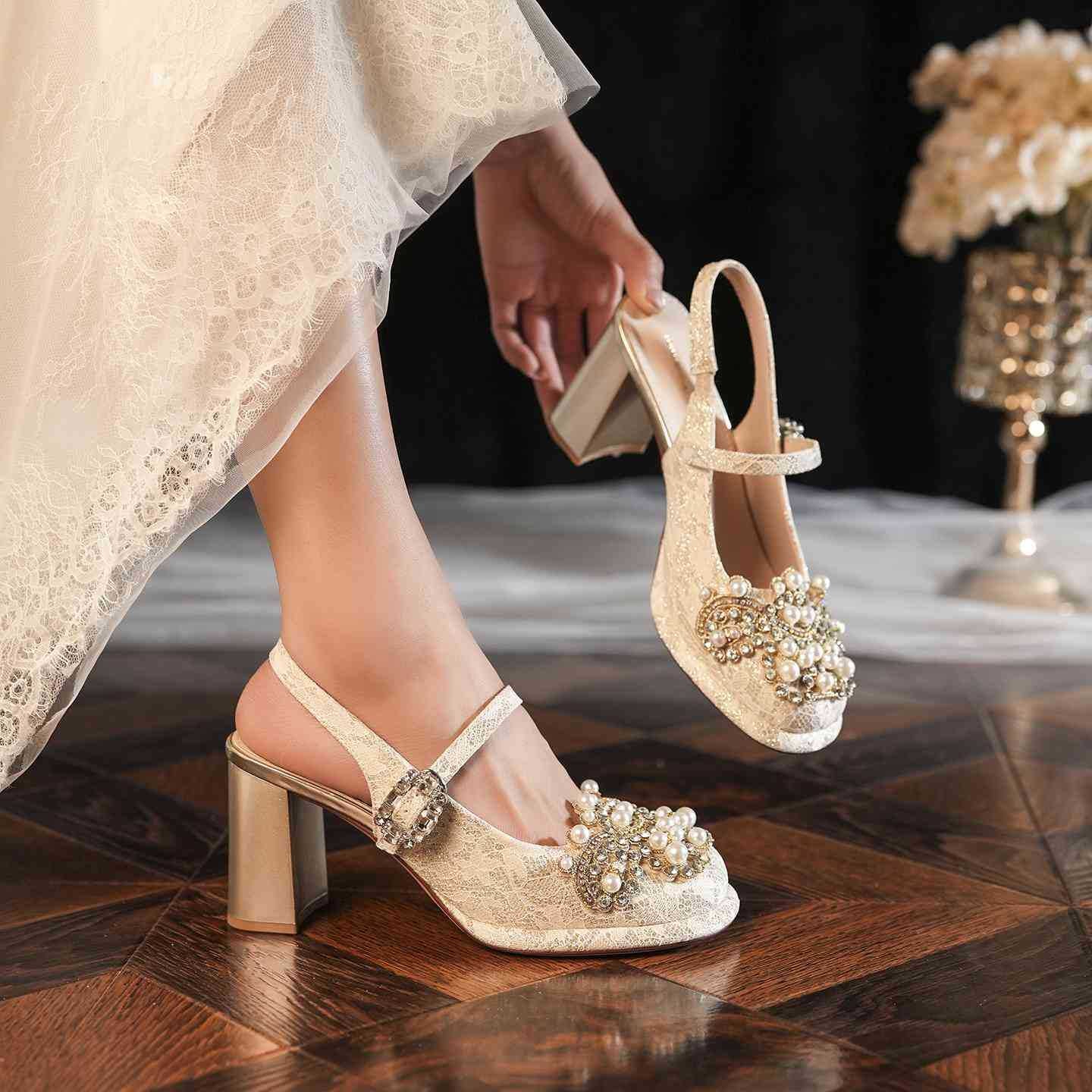 Wedding Pearl Rhinestone Chunky Square Toe Back Empty Light Luxury Heels