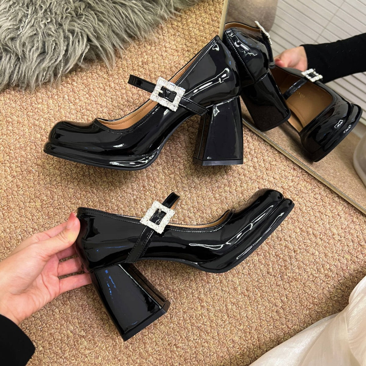 Women's Style Rhinestones Strap Mary Jane Spring Chunky High Patent Women's Fashion Shoes