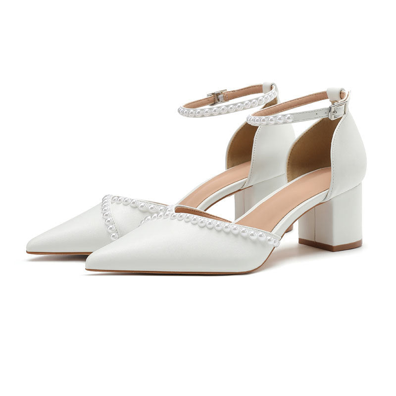Women's Buckle Hollow Chunky Handmade Sticker Pearl Niche Shallow Mouth Pumps Women's Fashion Shoes