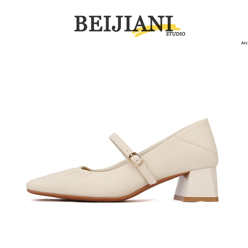 Women's Sheepskin Chunky Pumps Buckle Mary Jane Women's Fashion Shoes