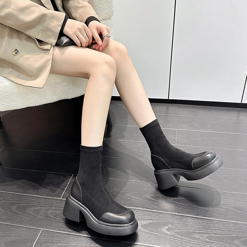 Women's Size Martin Platform Middle Tube Stretch Smoke Pipe Women's Leather Boots