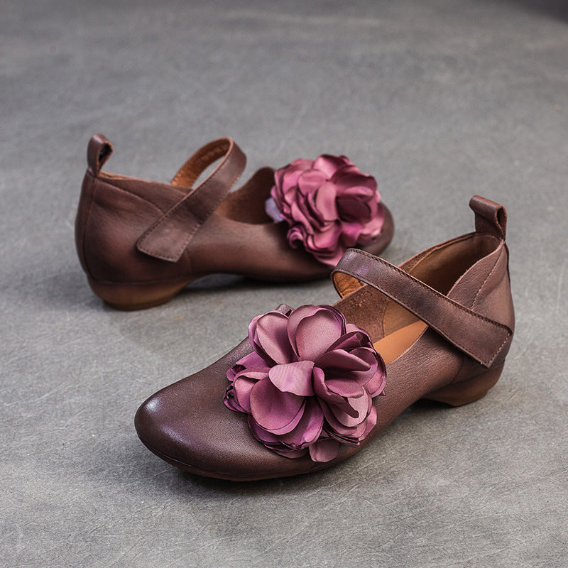 Women's Layer Cowhide Flower Shallow Mouth Pumps Brushed Casual Shoes