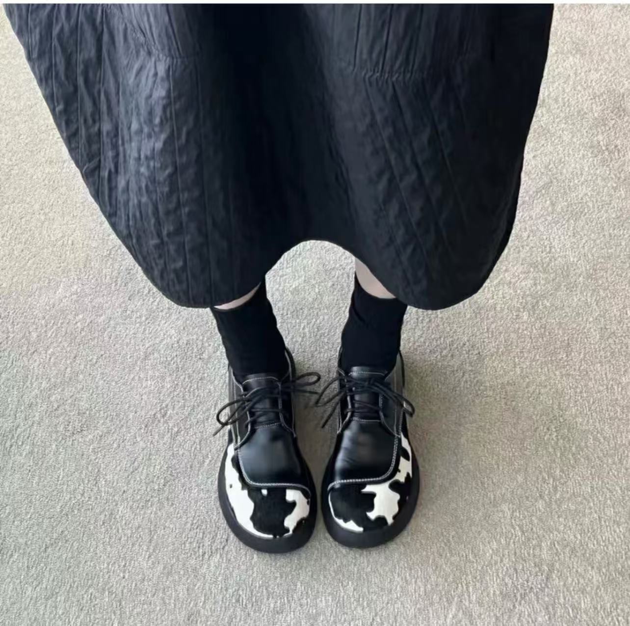 Cow Color Matching Muffin Big Head Pumps Leather Shoes