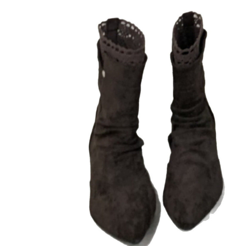 Women's Lace French Pleated Pile Style Pointed Toe Chunky Temperament Knee-high Women's Leather Boots