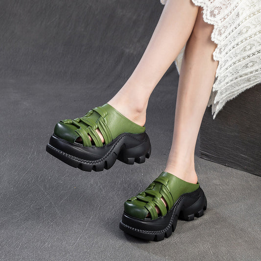 Women's Retro High-rise Layer Cowhide Outdoor Lightweight Slippers
