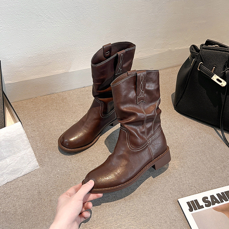 Women's Retro Style Thick Western Cowboy High Women's Leather Boots