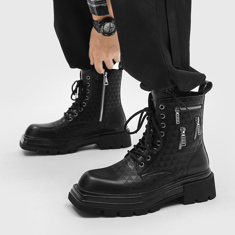 Men's Style Black Panel Side Zipper Round Toe Boots