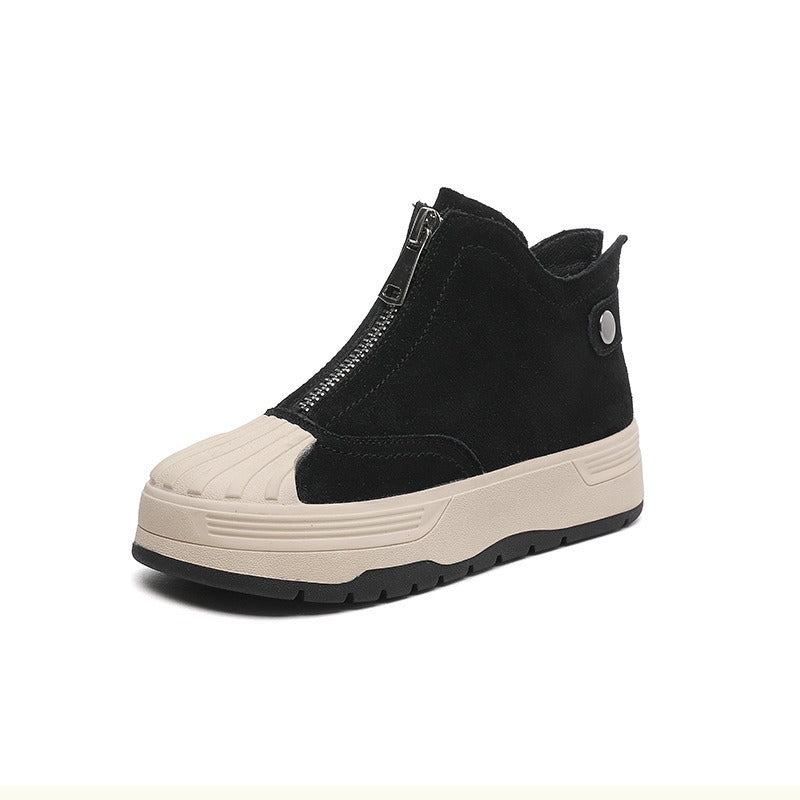Women's Genuine Front Zipper Flat Shell Toe Board Women's Leather Boots