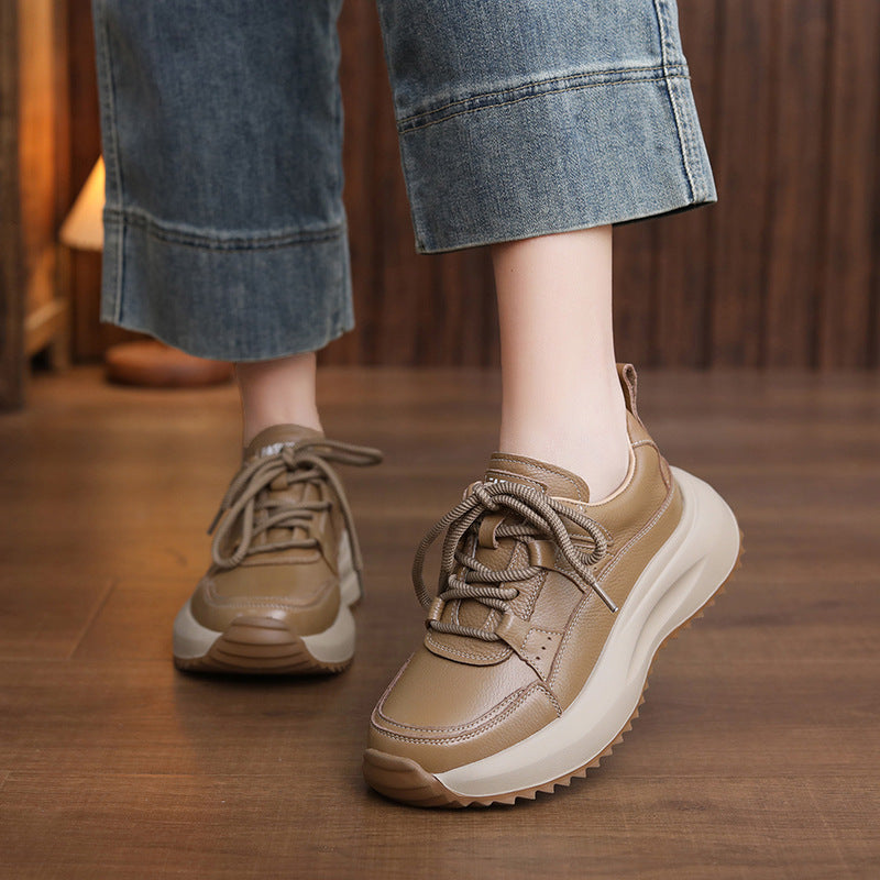 Women's First Layer Cowhide Platform Dad Comfortable Soft Bottom Round Casual Shoes