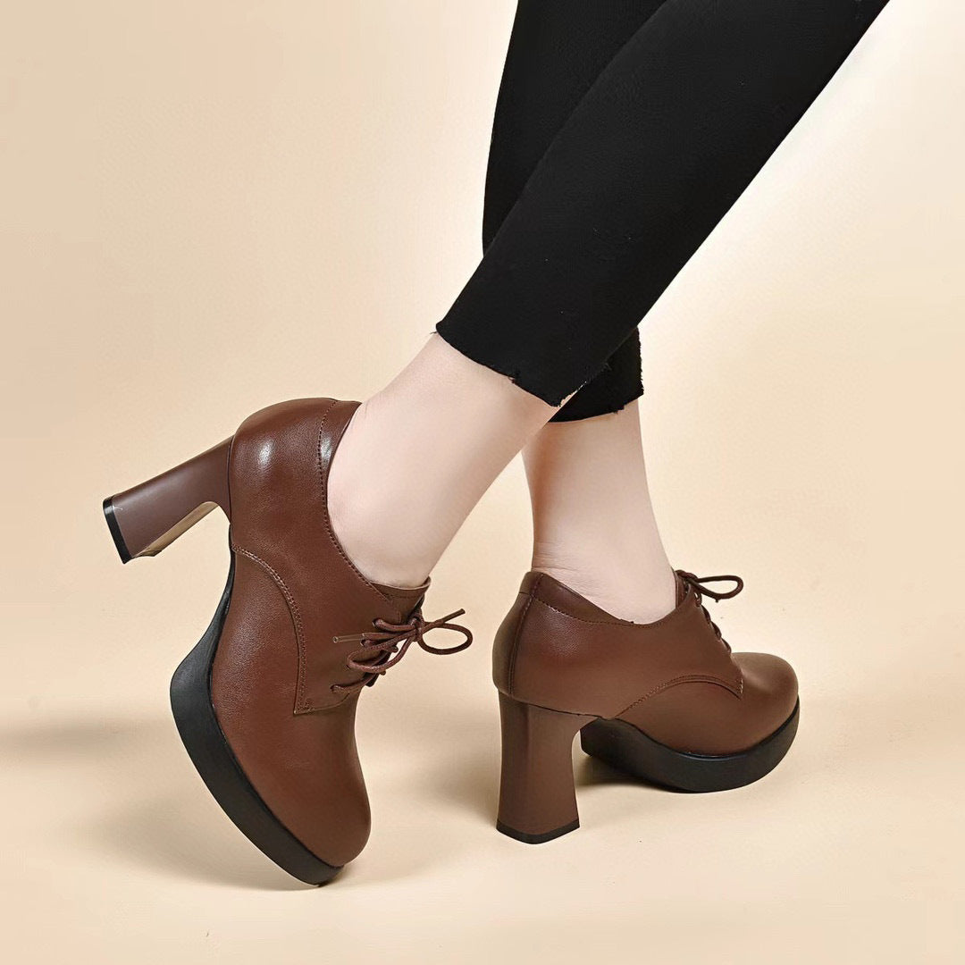 Women's High-cut Pumps Autumn Cowhide Waterproof Platform Chunky Boots