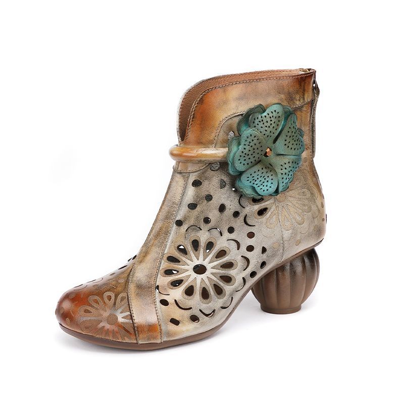 Women's Authentic Hollow Out Roman Comfortable Round Toe Cowhide High Heeled Sandals