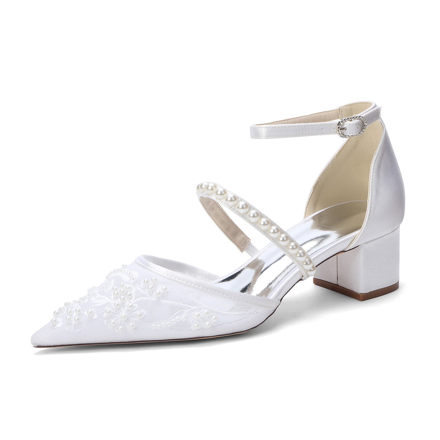 Women's Pointed Pearl Strap Embroidered Wedding Bridal Heels