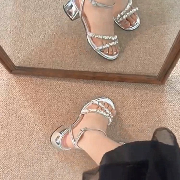 Women's Rhinestone With Chunky Platform Height Summer Toe High Heeled Sandals
