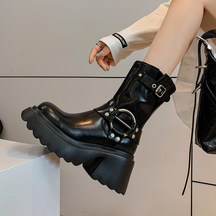 Women's Platform Martin Cowhide Skinny Belt Buckle Women's Leather Boots