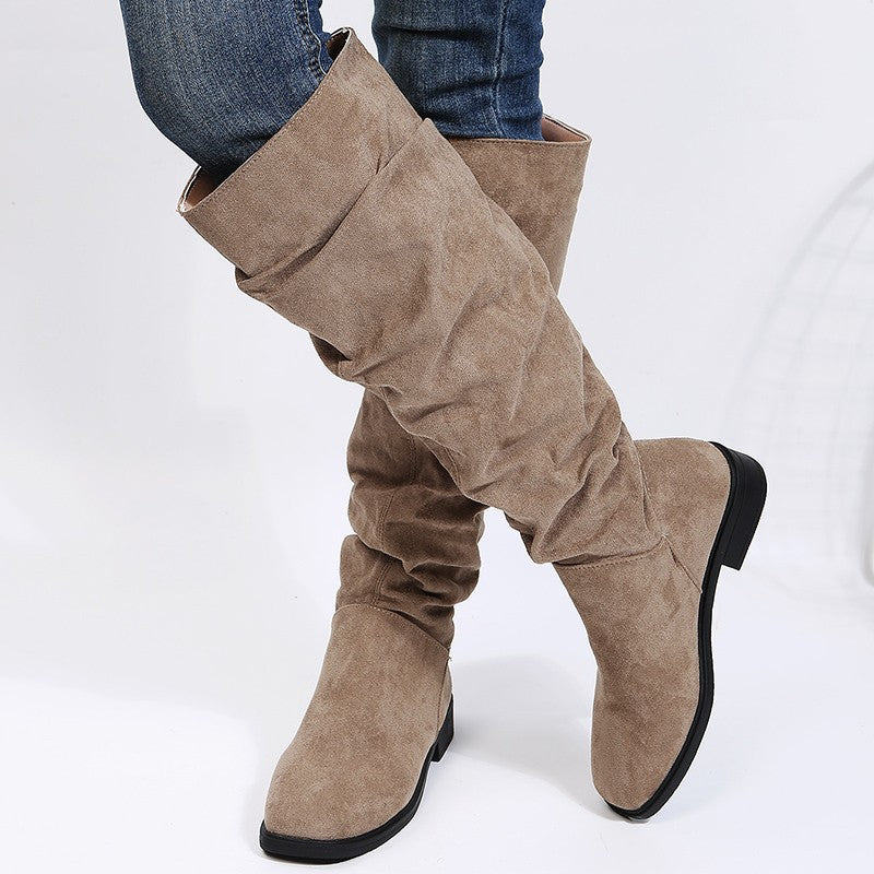 Women's Pleated Pile Style Chunky Below The Knee Boots