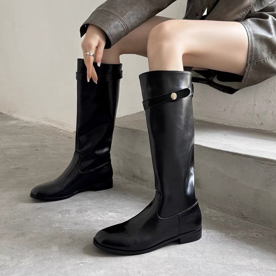 Women's Small Retro Black Tall Knight Belt Women's Leather Boots