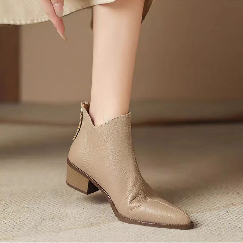 Women's French Sheepskin Pointed Ankle Chunky Mid Rear Zipper Boots