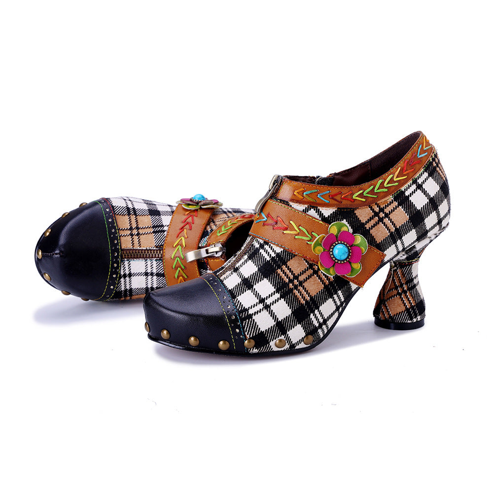 Women's Genuine Hand-rub Color Retro Plaid Printed Women's Fashion Shoes