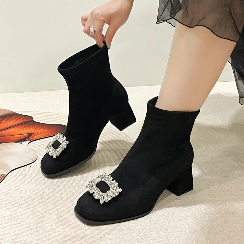 Women's Stretch Thin Female Square Toe Rhinestone Buckle Fashion High Suede Boots
