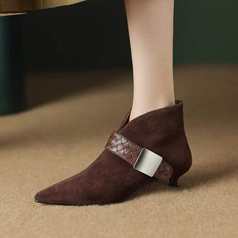 Women's Cat Pointed Toe Booties Soft V Cut Women's Leather Boots