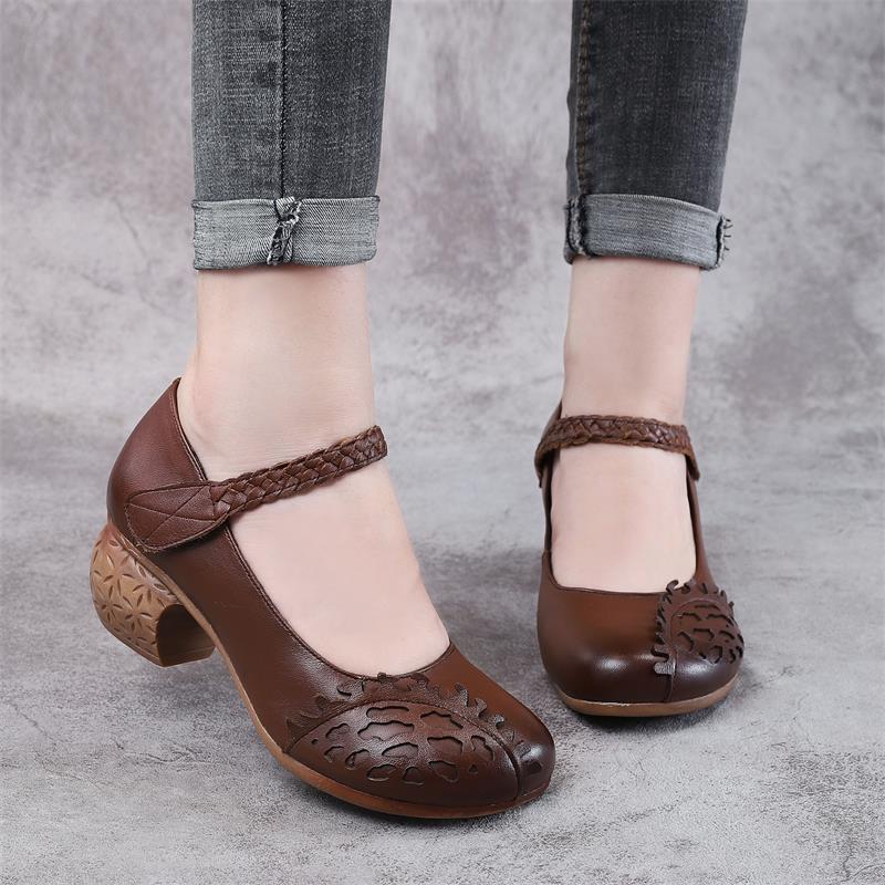 Women's Style Cowhide Shallow Mouth Four Pumps Thick Mid Casual Shoes