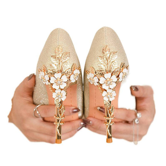 Entry Lux French Pointed Stiletto Satin High Sexy Flowers Design Heels