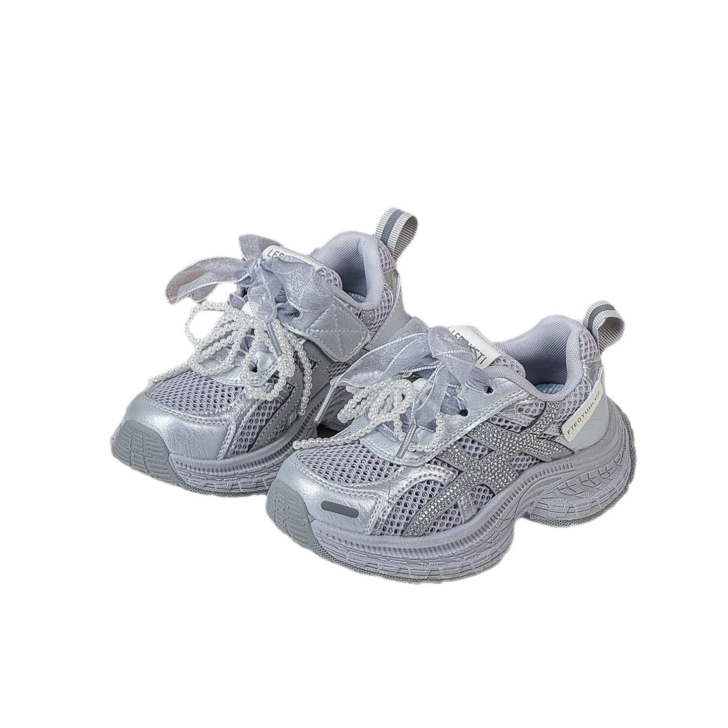 Children's Single Mesh Korean Pearl Bow Rhinestone Children's Sports Shoes