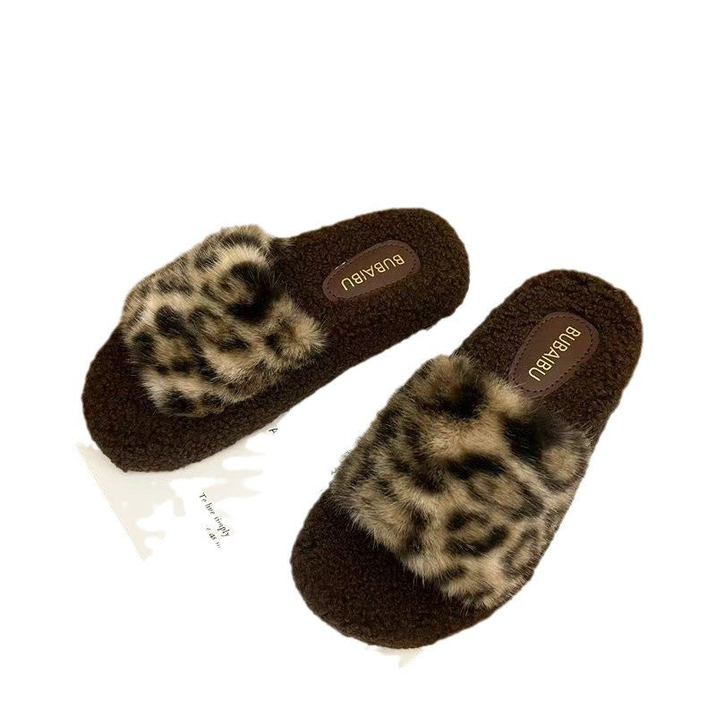 Plush Temperament Leopard Print Retro Fashion Lazybones Soft Bottom Sandals