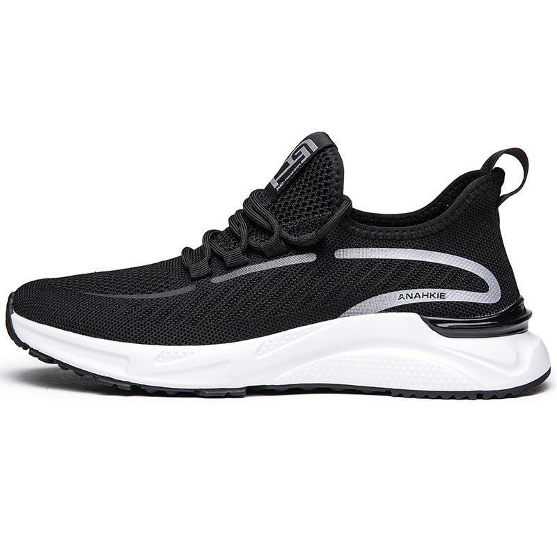 Men's Thin Mesh Black Surface White Background Breathable Travel Flying Woven Men's Sports Shoes