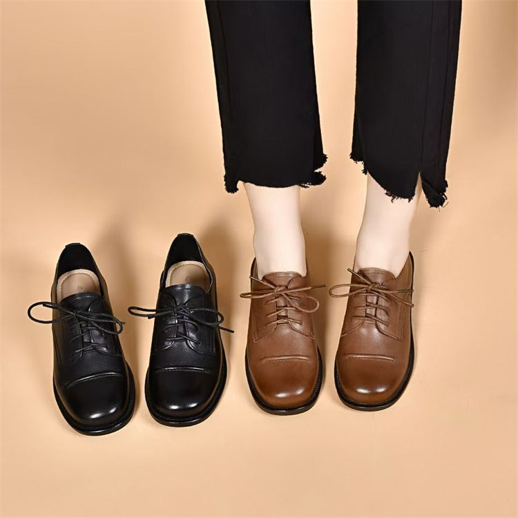 Women's Up Thick Flat First Layer Cowhide Preppy Loafers