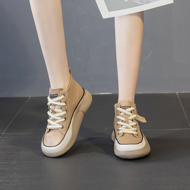 Women's Layer Cowhide White Spring Thick Bottom Nurse Casual Shoes