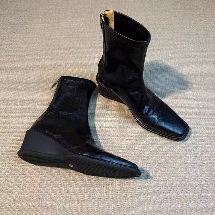Platform Increased Stretch Thin Female Square Toe Back Zipper Retro Women's Leather Boots