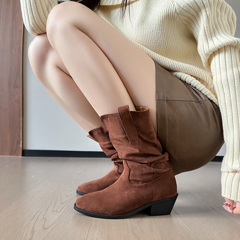 Women's Cowboy Pointed Toe Chunky Pleated Pile Style Short Martin Boots